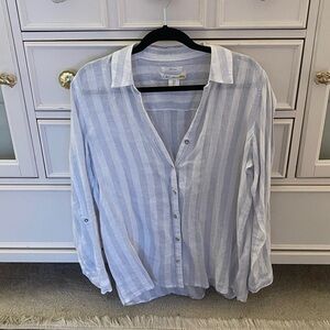 C&C California Light Blue and White Striped Linen-Blend Button Down Shirt